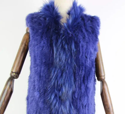new fashion rabbit fur vest knit rabbit vest 80cm long style for women raccoon fur collar trim fur waistcoat pocket decoration