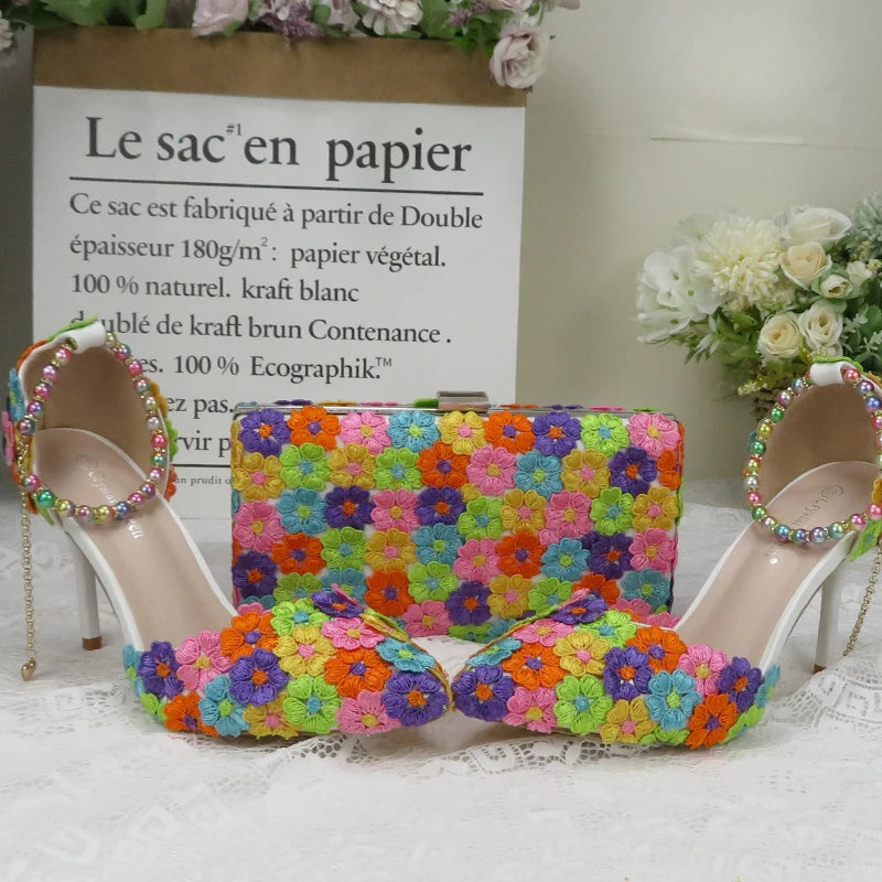 Fashion multicolored Flower Wedding Shoes With Matching Bags High Heels Pointed Toe Ankle Strap Ladies Party shoe and bag set