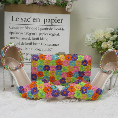 Fashion multicolored Flower Wedding Shoes With Matching Bags High Heels Pointed Toe Ankle Strap Ladies Party shoe and bag set