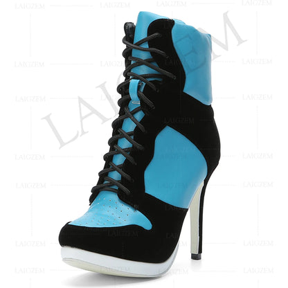 LAIGZEM SUPER Cool Women Ankle Boots Adjustable Lace Up Heel Boots Ladies Shoes Woman Botines Mujer 2020Small Big Size 34-47