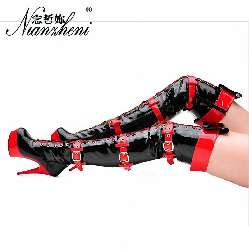 Women 6 Inch Platform Lace Sexy Shoes Pole Dance 15cm Gothic Thigh Boots High Heels Exotic Buckle Mixed Color Stripe Boots