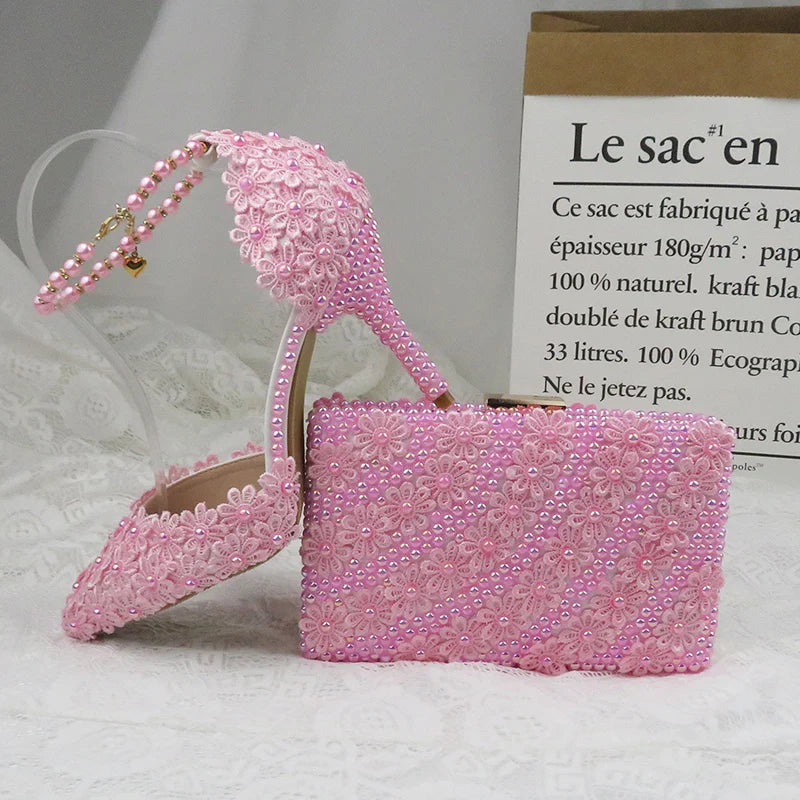 AB Pink Pearl Flower Wedding Shoes With Matching Bags High Heels Pointed Toe Ankle Strap Ladies Party Shoe and Bag Set