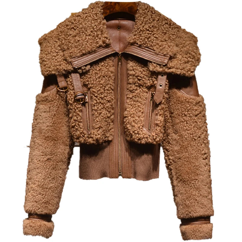 Lautaro Winter Warm Thick Patchwork Faux Fur Coat Women Long Sleeve Zipper Turndown Collar Stylish Fluffy Jacket Fashion 2021