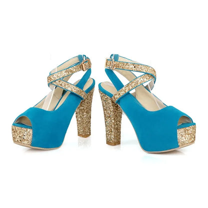 12CM High Heel Thick Heel Sandals Spring and Summer New Style Buckle Fish Mouth Women's Shoes Black Blue Plus Size 32-43