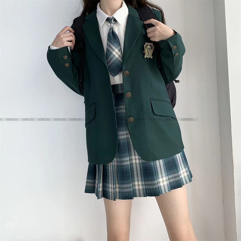 2024 Fashion Spring Autumn JK Uniform Jacket Three Buttons Suit Jacket College Style Female Student Suit Long Sleeves Green