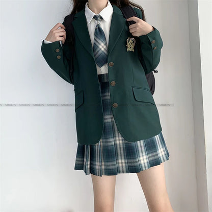 2024 Fashion Spring Autumn JK Uniform Jacket Three Buttons Suit Jacket College Style Female Student Suit Long Sleeves Green