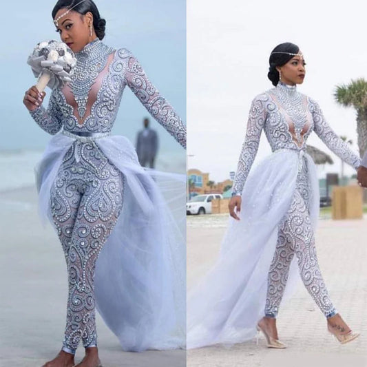 Plus Size Jumpsuits Wedding Dresses Bridal Gowns High Neck Beading Long Sleeve Bride Wear With Detachable Train