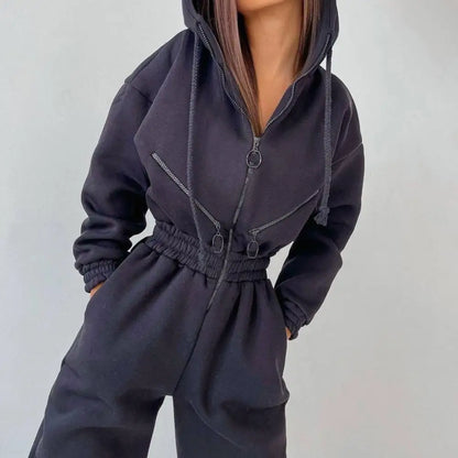 Warm Winter Women Hooded Playsuit Solid Color Thick Tight Waist Rompers Casual Women Hoodie Jumpsuit Overalls combinaison femme