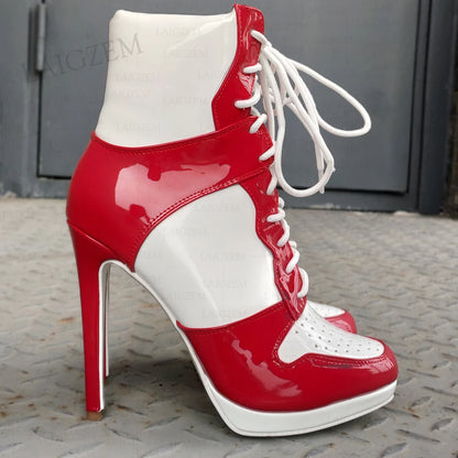 LAIGZEM Women Ankle Boots Round Toe Shiny Thin High Heels Comfortable Lace Up Short Boots Ladies Girls Big Size 41 45 46 47