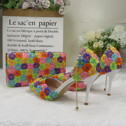 Fashion multicolored Flower Wedding Shoes With Matching Bags High Heels Pointed Toe Ankle Strap Ladies Party shoe and bag set