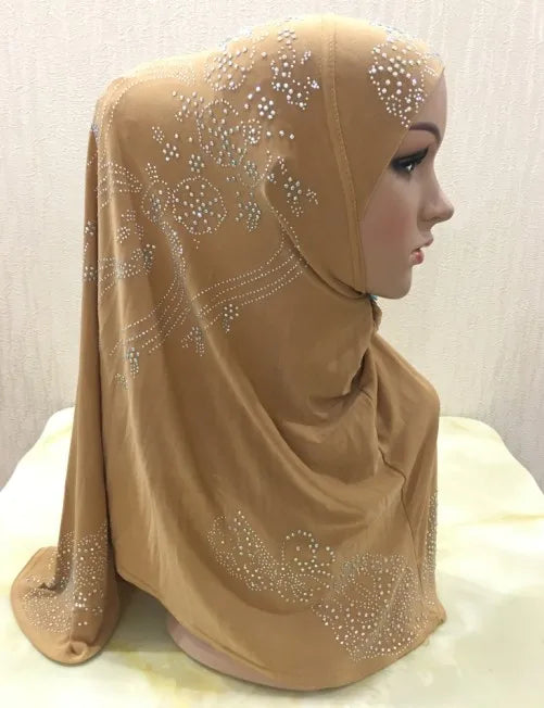 H006 Adults or big gilrs good size muslim hijab scarf with rhinestones islamic headscarf hat armia pull on headwrap ramadan gift