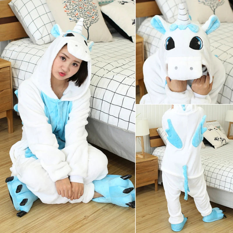Adults and Children's Kigurumi Animal Onesies Unicorn Bear Pajamas Cartoon Frog Panda Women Men Warm Flannel Hooded Sleepwear