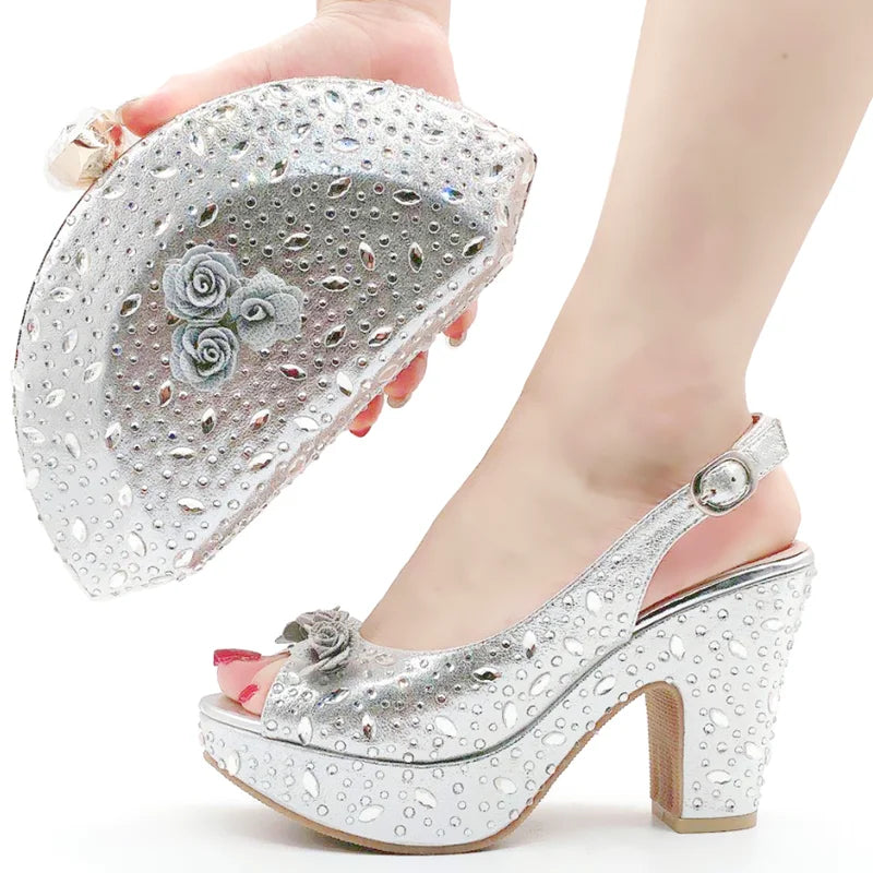 New Arrival Italian Women Shoes and Bag Set Decorated with Rhinestone In Party African Italian Shoes and Bag Set Party Shoes Bag