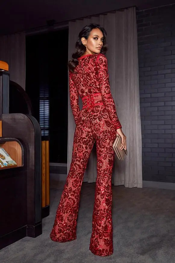 2021 Spring New Jumpsuits Hot Sale Sexy Lace Hollow Out Rompers Red Flame Pants Women's Fashion Club Street Wear