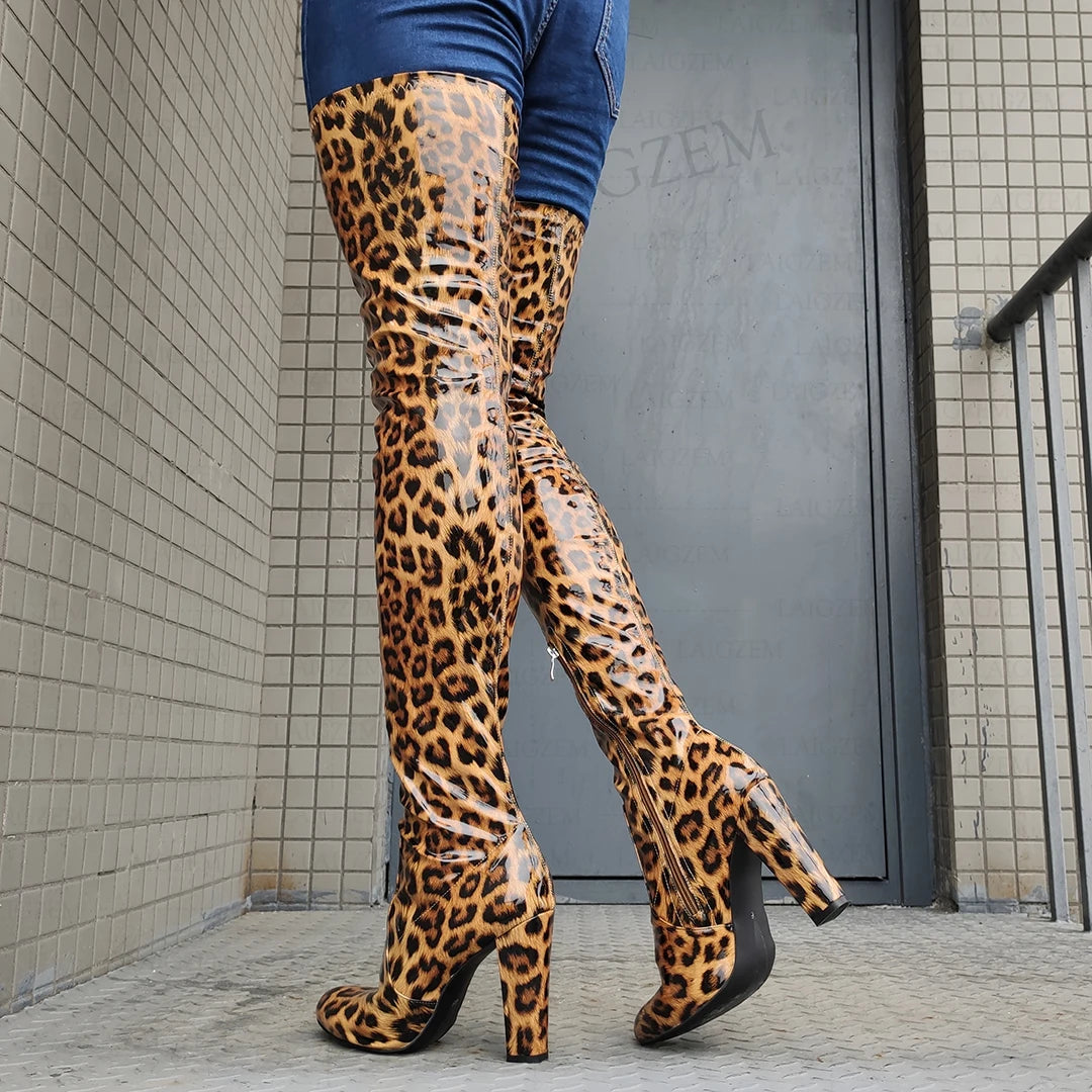 LAIGZEM Women Over High Boots Zip Up Shiny Thick Heels Boots High Bota Mujer Party Ladies Shoes Woman Big Size 40 42 44 47 52