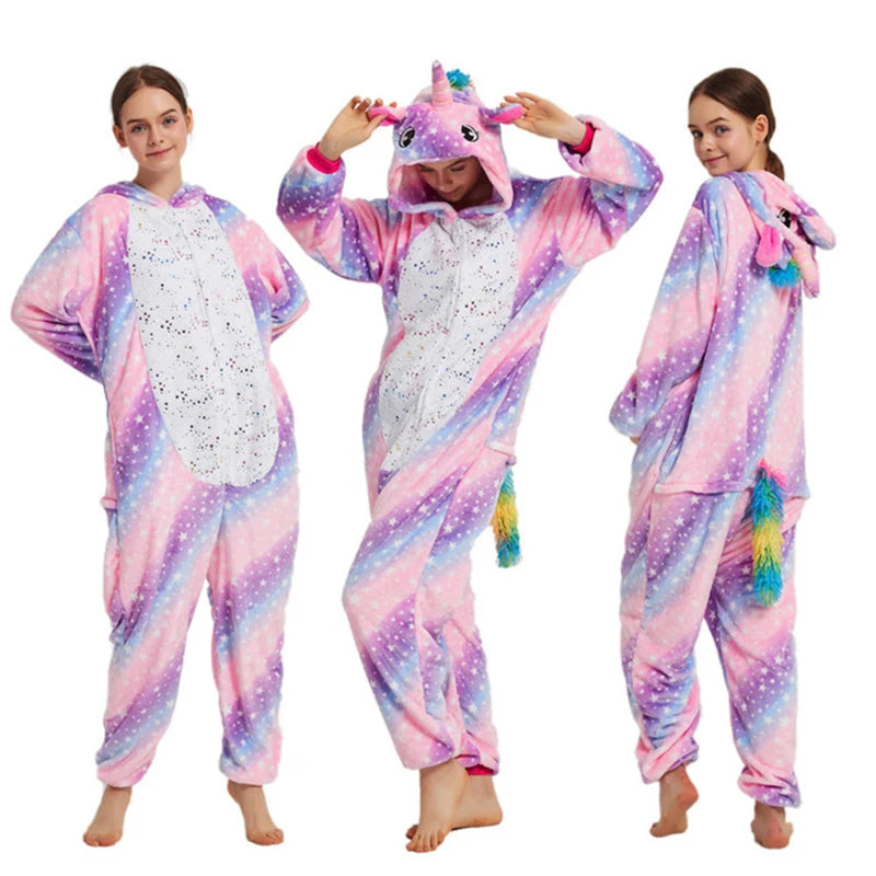 Animal Onesies Winter Flannel Family Matching Pajamas for Kids and Adult Unicorn Sleepwear Pyjamas Boys Girls Homewear Jumpsuit