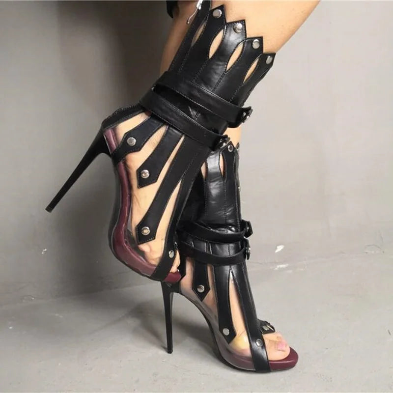 Sexy Vertical Shape Stiletto Heel Ankle Boots Peep Toe Metal Heels Studded Strappy Sandals Red White Black Runway Boot Shoes