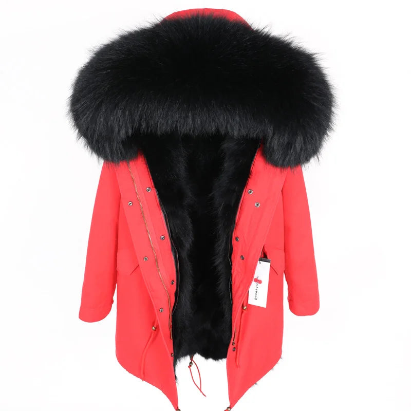 Maomaokong 2026 New Natural Fur Lining Real Fur Coat Winter Jacket Women Raccoon Fur Collar Warm Thick Parkas Female Clothing