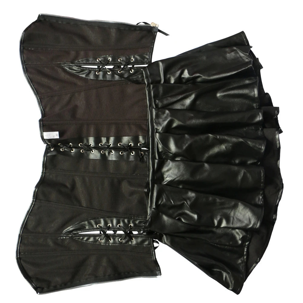 Sexy Leather Dresses Corsets Skirt Overbust Burlesque Front Zipper Gothic Punk Steampunk Bustier Lace Up Plastic Bones Korsett
