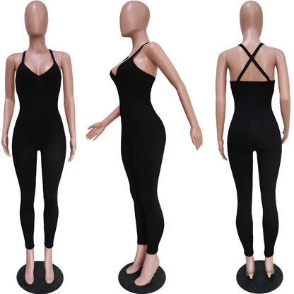 Sexy Cleavage Jumpsuits Women Classic Simple Casual Sporty Wear Sleeveless V-Neck Back Criss Cross Active Casualwear