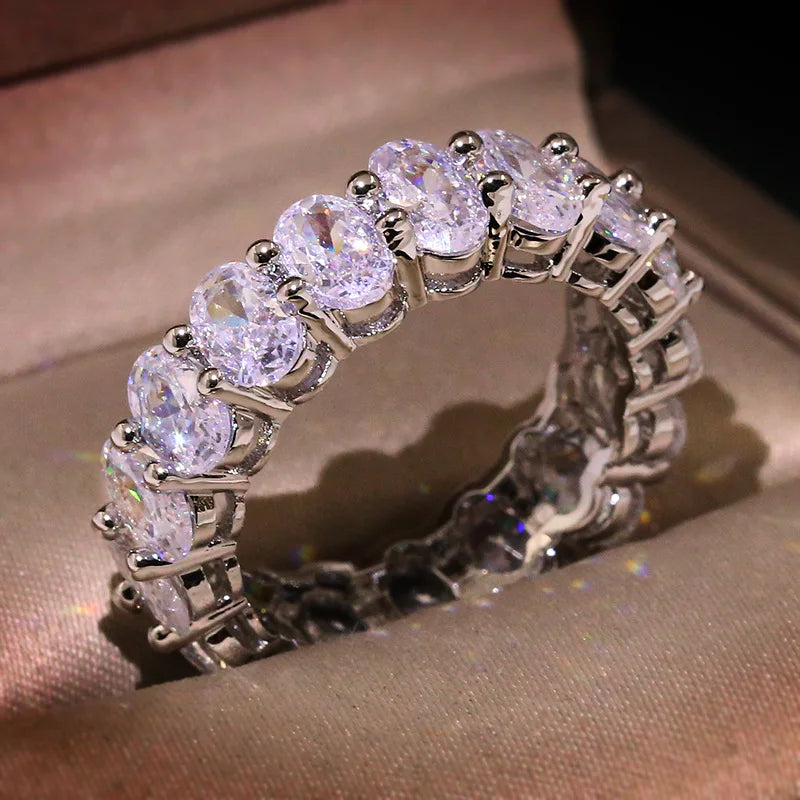 New Luxury Female White Crystal Stone Ring Rose Gold Silver Wedding 925 Silver Ring Female Cute Oval Zircon Engagement Jewelry