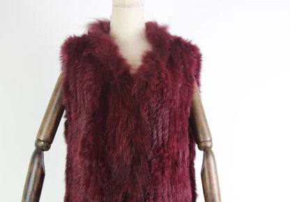 new fashion rabbit fur vest knit rabbit vest 80cm long style for women raccoon fur collar trim fur waistcoat pocket decoration