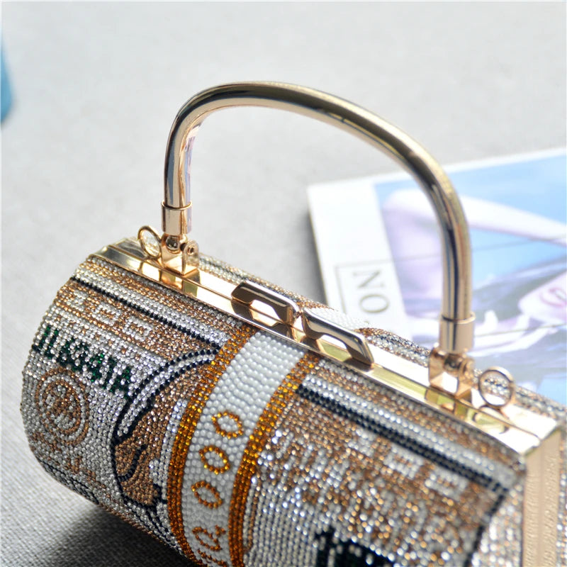 Luxury Money Clutch Rhinestone Purse 10000 Dollars Stack of Cash Evening Handbags Shoulder Wedding Dinner Bag 8 Color Wallet