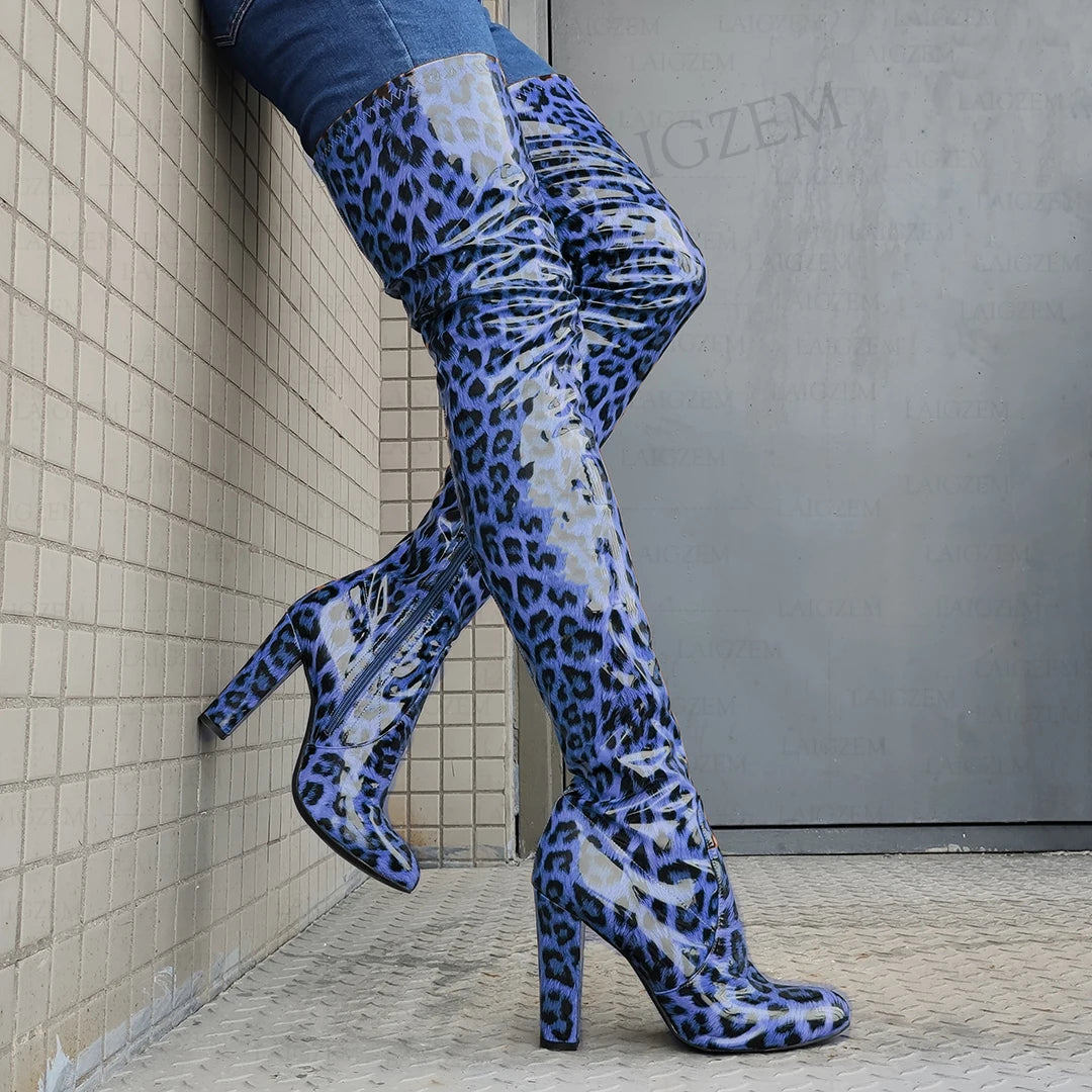 LAIGZEM Women Over High Boots Zip Up Shiny Thick Heels Boots High Bota Mujer Party Ladies Shoes Woman Big Size 40 42 44 47 52