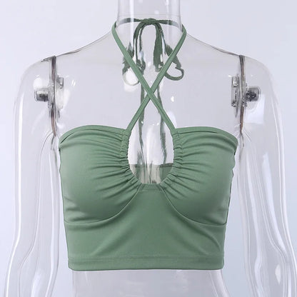 Sexy Solid Lace Up Bow Halter Ruched Crop Top Fashion Sleeveless Backless Tube Tops Female Streetwear Tops New Women