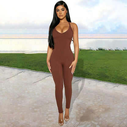 Sexy Cleavage Jumpsuits Women Classic Simple Casual Sporty Wear Sleeveless V-Neck Back Criss Cross Active Casualwear