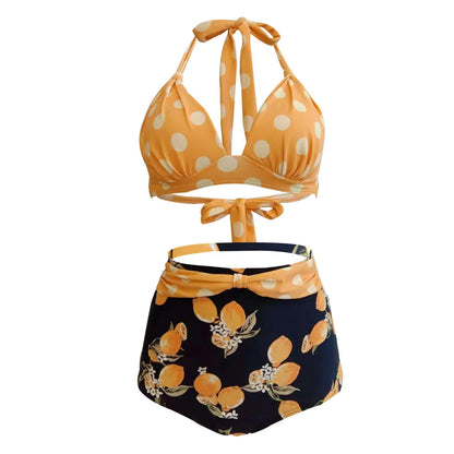 Pleated Bikini Red Top Navy Blue With White Dots Bottom Women Classic High Waist Halter Bikini Sets Plus Size Two-piece Swimwear
