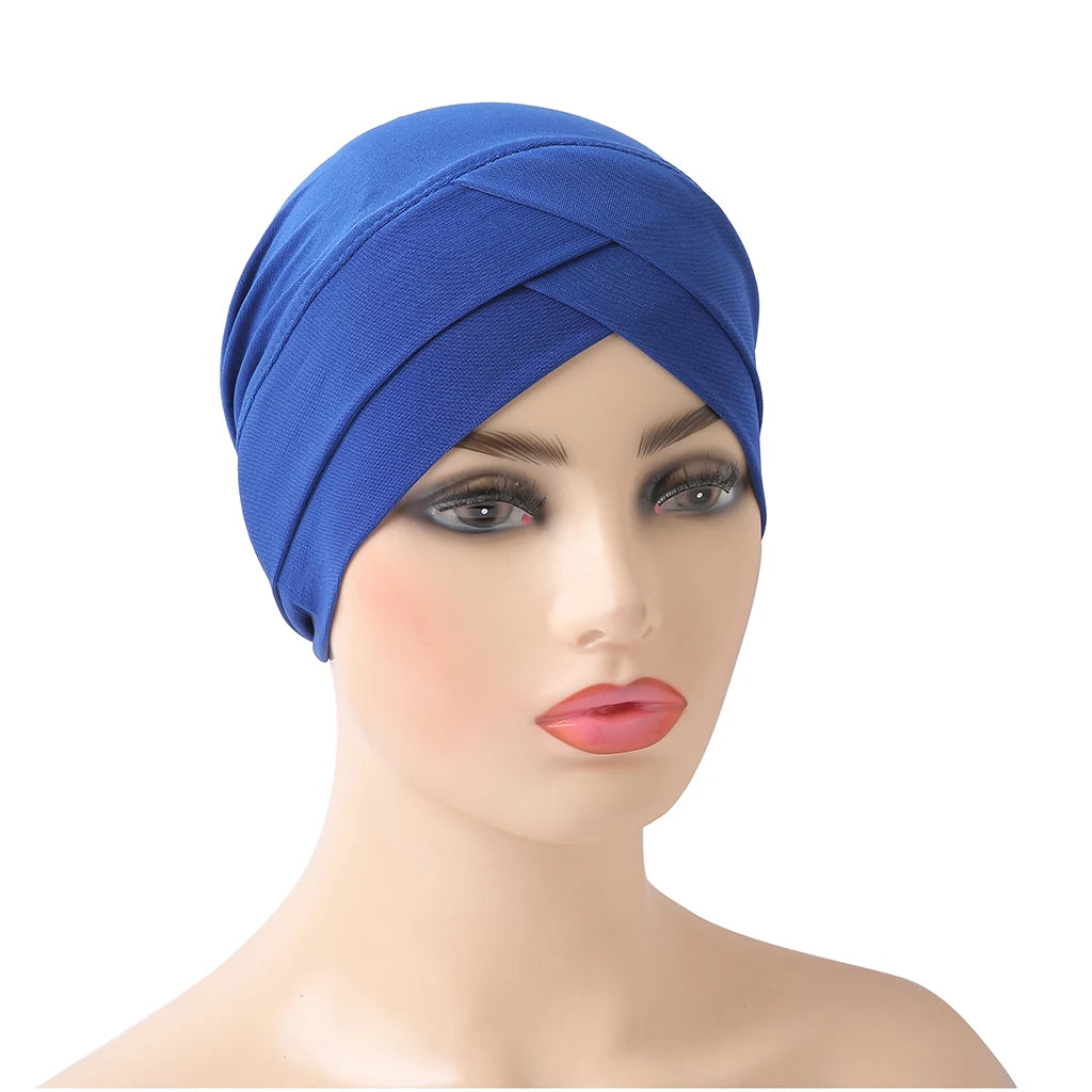 H117 Forehead criss Cross Muslim Turban Pure Color Stretch Inner Hijabs For Caps Ready To Wear Women Head Scarf Under Bonnet