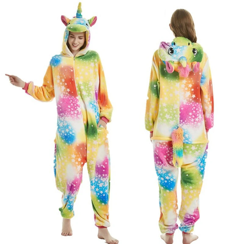 Animal Onesies Winter Flannel Family Matching Pajamas for Kids and Adult Unicorn Sleepwear Pyjamas Boys Girls Homewear Jumpsuit