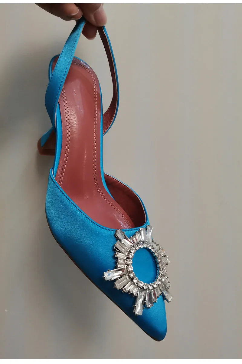 2025 Brand women Pumps luxury Crystal Slingback High heels Summer bride Shoes Comfortable triangle Heeled Party Wedding Shoes