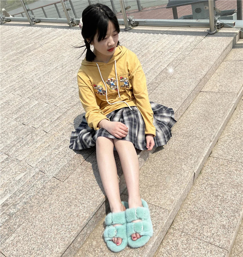 Slippers Ladies Summer Fluffy Mink Fur Slippers 100% Mink Fur Slippers Ladies Sandals 2021 Home Slippers Girls Outdoor Slippers