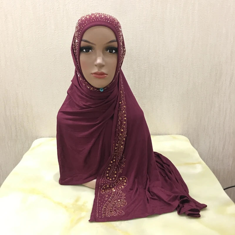 H099 high quality soft jersey scarf with stones pull on modal headscarf women's hijab islamic female shawl headwrap