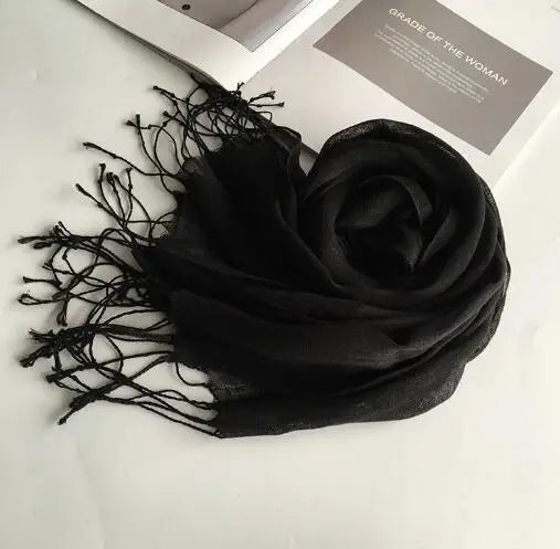 55*180cm Fashion Soft Solid Women 100% Linen Flax Tassel Scarf Summer Travel Sunscreen Long Shawl Elegant Hijab Women Foulard