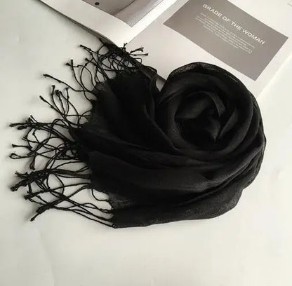 55*180cm Fashion Soft Solid Women 100% Linen Flax Tassel Scarf Summer Travel Sunscreen Long Shawl Elegant Hijab Women Foulard