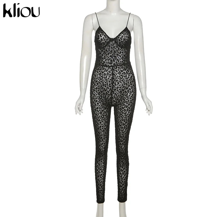 Kliou Flocking Mesh Jumpsuit Women Autumn Sexy Camis Leopard Patchwork Body-Shaping One Piece Clothing Midnight Attire Clubwear