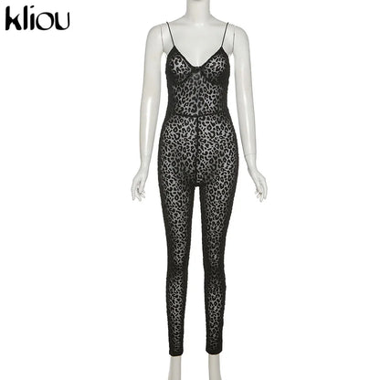 Kliou Flocking Mesh Jumpsuit Women Autumn Sexy Camis Leopard Patchwork Body-Shaping One Piece Clothing Midnight Attire Clubwear