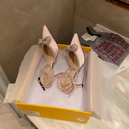 2026 New Fashion Glitter Rhinestones Women Pumps Crystal Bowknot Silk Pointed Toe Buckle Strap Thin High Heels Party Prom Shoes