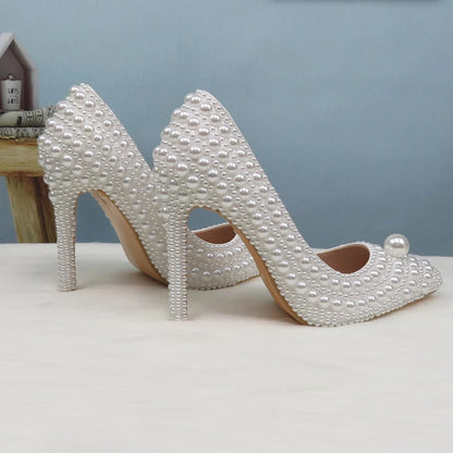 BaoYaFang White Beads Pearl Women Wedding Shoes Bride High Heels Shoes Ladies Super Big Size Party Dress Shoes Woman Pointed Toe