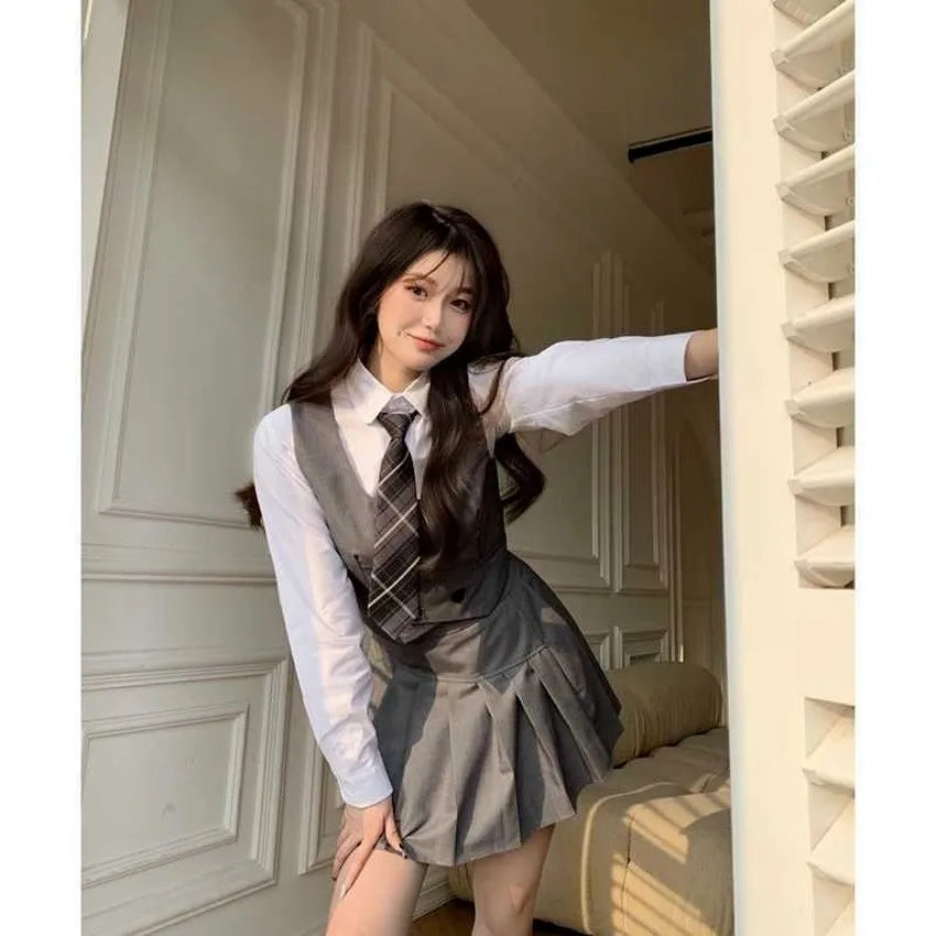 Kawaii Lady School Uniforms Casual Vest Jacket&Shirt&Pleated Skirt&Tie Long Sleeve School Suit Female College Style Sets