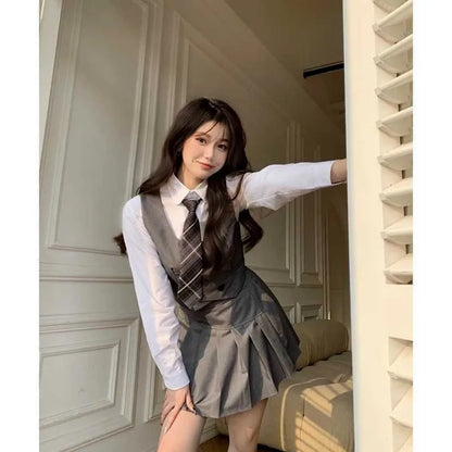 Kawaii Lady School Uniforms Casual Vest Jacket&Shirt&Pleated Skirt&Tie Long Sleeve School Suit Female College Style Sets