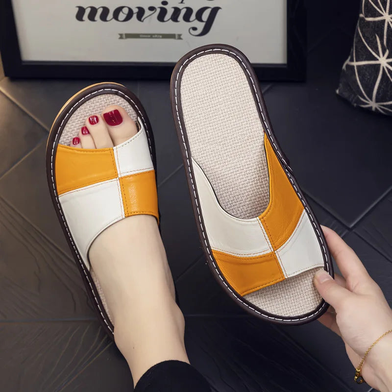 NewLight Luxury Genuine Leather Sheepskin Women's Slippers PVC Rubber Sole Non-Slip Summer Shoes Comfortable Soft Couple Sandals