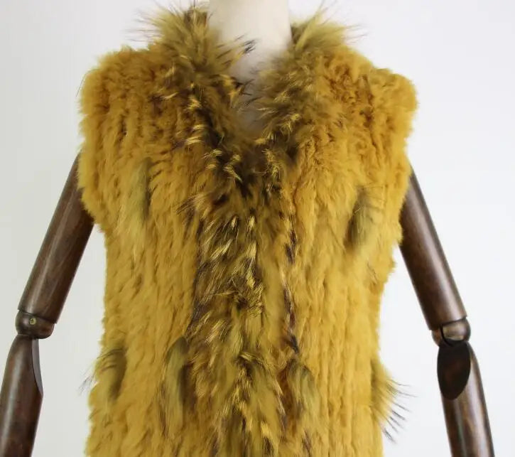 new fashion rabbit fur vest knit rabbit vest 80cm long style for women raccoon fur collar trim fur waistcoat pocket decoration