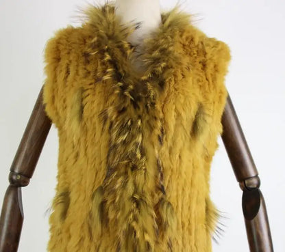 new fashion rabbit fur vest knit rabbit vest 80cm long style for women raccoon fur collar trim fur waistcoat pocket decoration