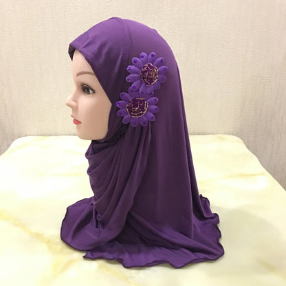 H081 beautiful small girl hijab with flowers cute hijab hats women's caps can fit 2-6 years old girls