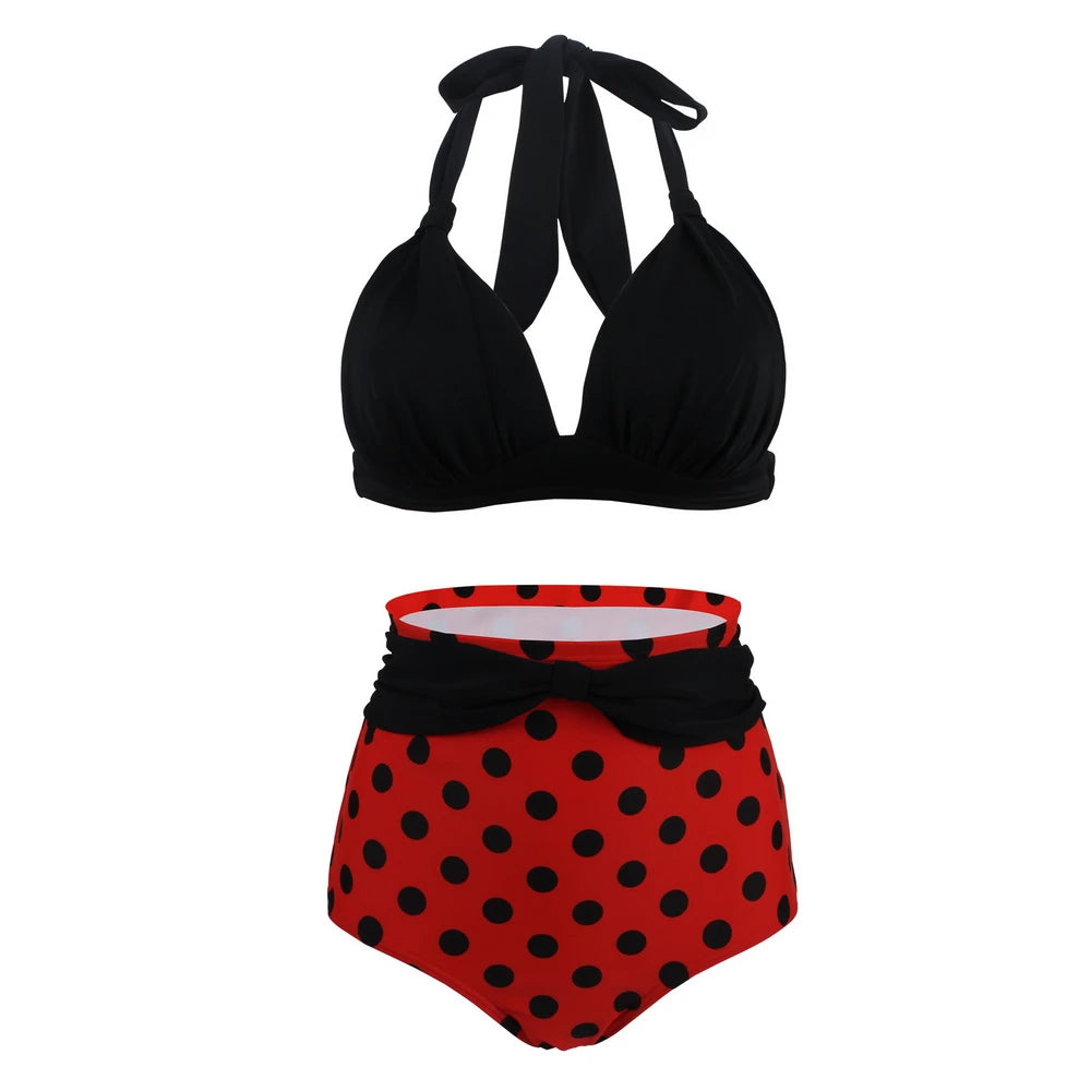 Pleated Bikini Red Top Navy Blue With White Dots Bottom Women Classic High Waist Halter Bikini Sets Plus Size Two-piece Swimwear
