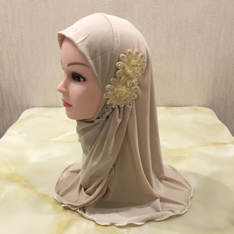 H081 beautiful small girl hijab with flowers cute hijab hats women's caps can fit 2-6 years old girls